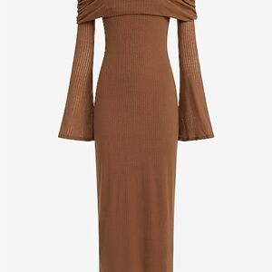 Ribbed Off-Shoulder Flare Sleeve Dress